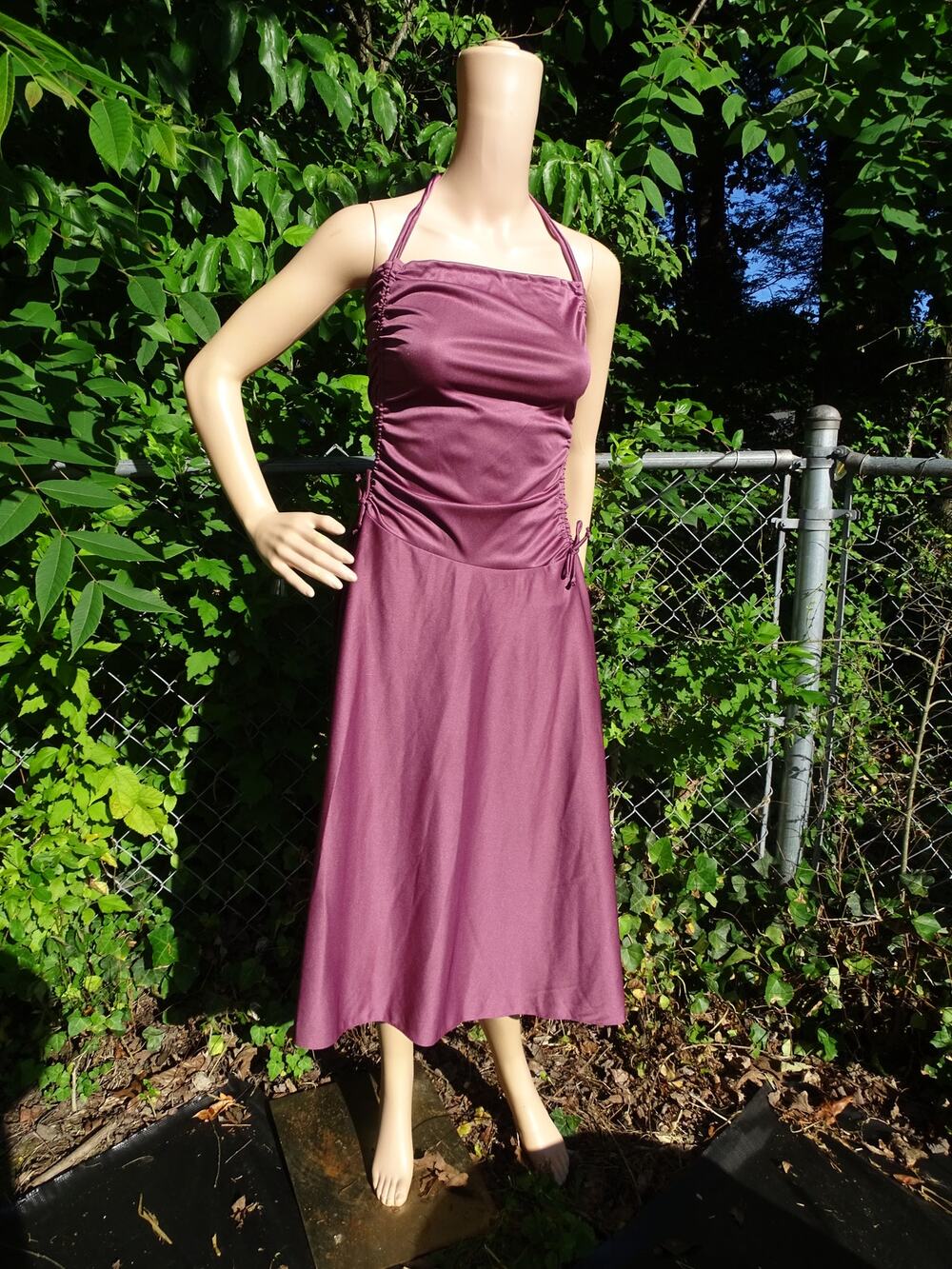 Vintage 70s Plum Disco Halter Dress Shawl Set XS S